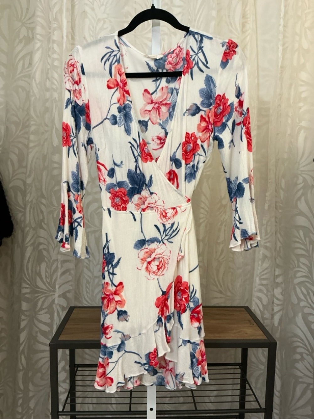 ODDY White Mini Wrap Dress with Red & Blue Floral Print
